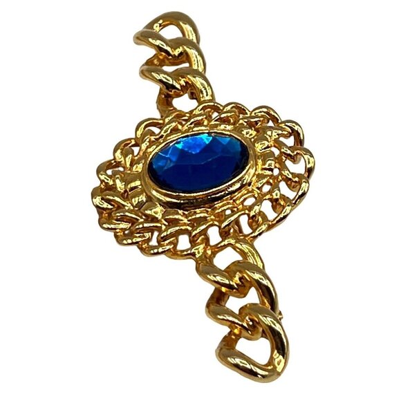 Vintage Gold-Tone & Blue Glass Jewel Chain Broach - 3 1/4 Inches Of Pure Glamour - Picture 5 of 7